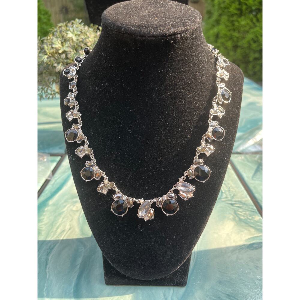 Signed Black & Clear Faceted Stone Statement Collar Necklace, Silver Tone